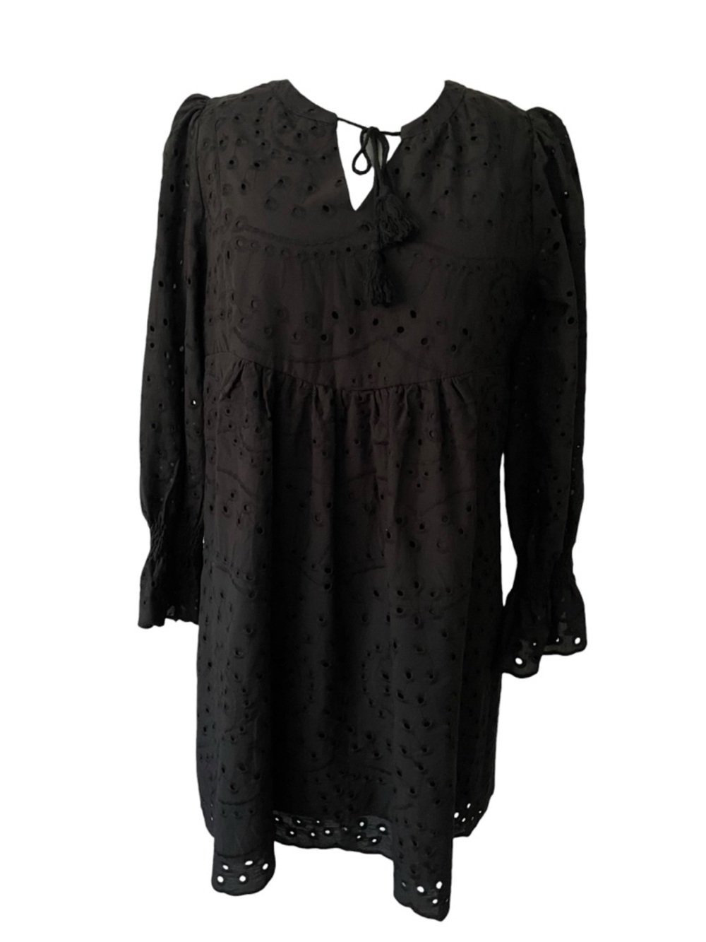 DOKOTOO Woman’s Black Eyelet Tassel Tie Babydoll Dress puff long sleeved lined L - Picture 2 of 13
